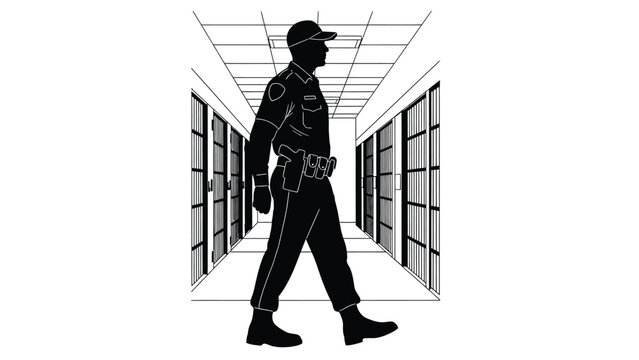 Silhouette of a correctional officer patrolling a long prison cell block hallway with barred doors