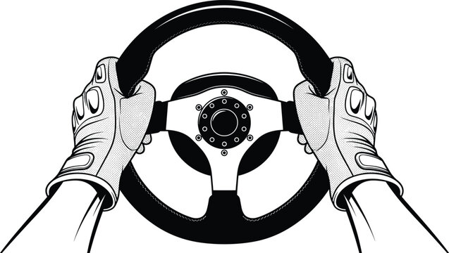 Hands in gloves holding car steering wheel, black and white vector illustration for racing sport driver and automotive transport design symbol on white background