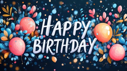 Festive happy birthday banner with balloons and floral elements.