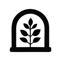 Aesthetic black and white minimalist icon representing a plant growing inside a greenhouse or protective dome, symbolizing growth, nature, and cultivation