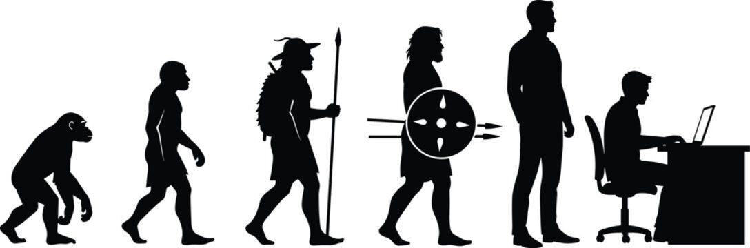 Human evolution silhouettes from ape to warrior and office worker, vector illustration of development stages ending with man working on computer laptop