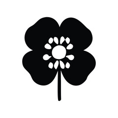 Black and white stylized flower illustration with a central circle and radiating petals, representing simple floral design