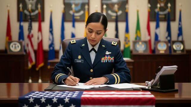 Female Military Officer Signing Documents at Desk with Flags in Office Environment