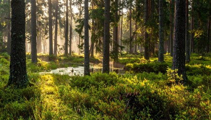 Sunlit forest scene with tall trees, undergrowth, and a stream