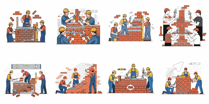 Illustrated set of construction workers, masons, or bricklayers building a brick wall using mortar, trowels, and spirit levels, showcasing teamwork and professional construction concepts.