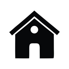 A black and white silhouette icon of a house with a door and window, representing home and shelter
