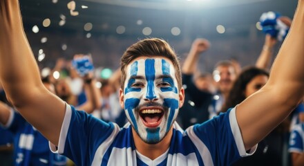 A Greek soccer fan celebrating with Greek flag painted on his face and blue and white striped shirt.