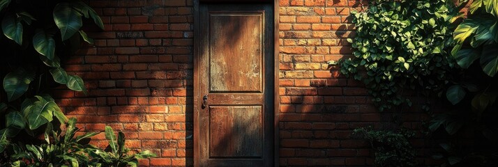 Old door in brick wall, surrounded by foliage