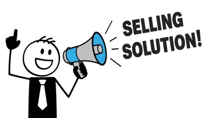 Stick figure businessman shouting selling solution through a megaphone to announce a great opportunity