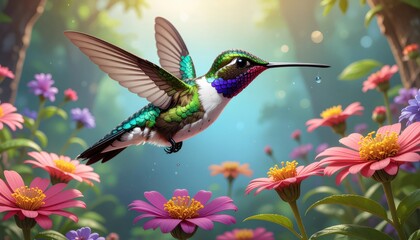 Hummingbird Hovering Amidst Vibrant Flowers in Lush Forest