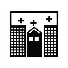 Iconographic representation of a modern medical facility with cross symbols indicating its healthcare purpose