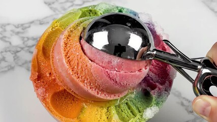 A vibrant and colorful rainbow ice cream being expertly scooped with a shiny metal scoop revealing its delicious layers of fruity flavors on a bright marble surface perfect for a refreshing summer tr.