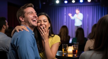 A couple laughing and enjoying a night out at a comedy club.