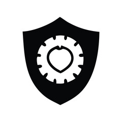 Security and Care System Icon - A black shield encompassing a gear with a heart, symbolizing robust protection, digital security, health and wellness, corporate care, and mechanical integrity