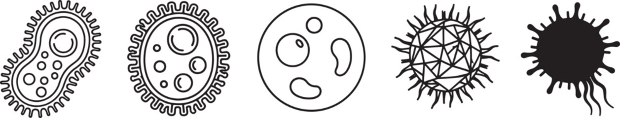 Microscopic Bacteria and Virus Cell Icon Set for Medical Research Science Education Biology Study and Healthcare Disease Prevention Design
