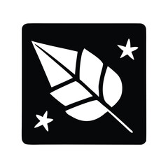 Stylized white leaf icon with prominent veins and two delicate stars set against a deep black square background, embodying themes of growth, nature, and subtle magic