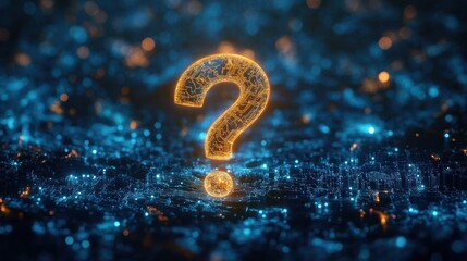 Glowing golden question mark formed from circuit patterns hovering above a blue illuminated digital cityscape, evoking curiosity and futuristic mystery