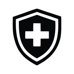 Essential healthcare protection shield symbol, representing medical safety, wellness, and secure health services. This minimalist graphic icon signifies preventive care, emergency support