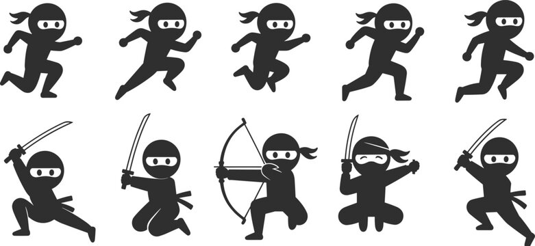 Cartoon ninja characters in action poses, martial arts warriors, weapon combat stances, stealth fighters, vector illustration for gaming, animation, and design