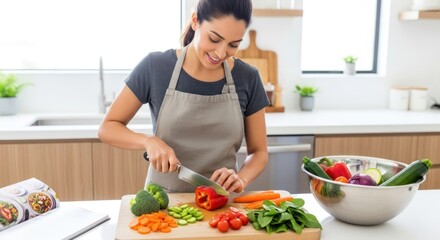 A woman in an apron preparing a salad in a kitchen.