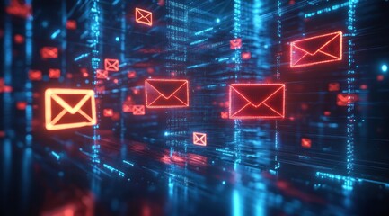 Glowing red envelope icons floating through a neon blue digital network conveying urgent high-tech communication and futuristic connectivity