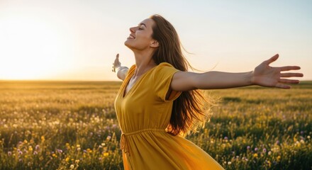 A young woman in a yellow dress standing in a field at sunset, arms outstretched.