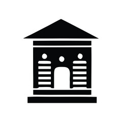 Minimalist black glyph of a classical building, featuring a triangular roof and prominent pillars, suitable for diverse design projects and web interfaces