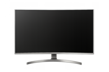 Curved wide screen display computer monitor, modern flat panel television screen showing black blank space, transparent background