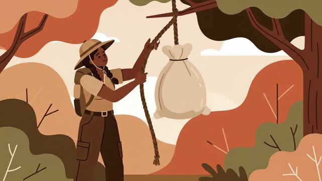 Woman Hiding Food In The Forest, Adventure and Exploration, Flat Design Style