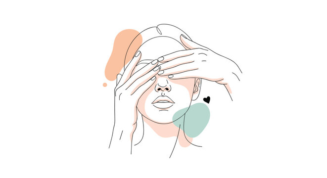 Stylish minimalist line art illustration of a woman with hands covering her eyes, complemented by abstract pastel organic shapes.