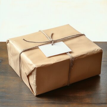 brown paper wrapped parcel tied with twine and a blank tag on a wooden table evoking rustic warmth and anticipation
