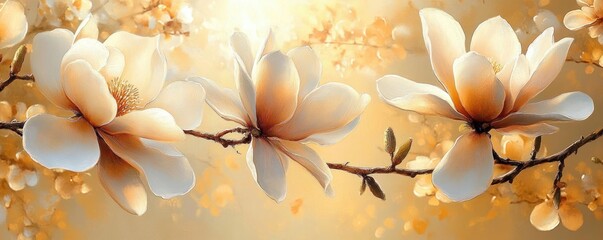 Three creamy magnolia blossoms and small buds on a slender branch bathed in warm golden sunlight with soft bokeh, evoking serene dreamy tranquility
