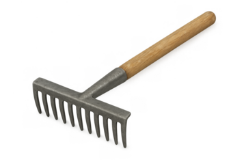 Hand rake with wooden handle and metal tines for gardening and soil cultivation work on a transparent background