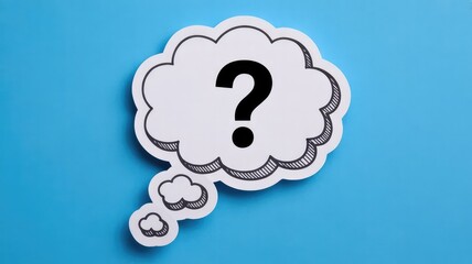 Hand drawn question mark inside a white speech bubble cutout against a vibrant blue background