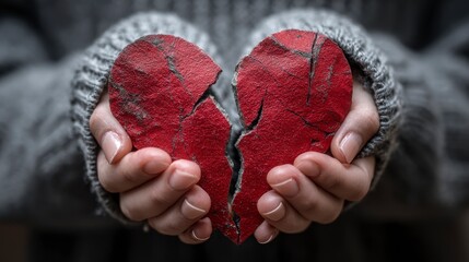Close-up of a person's hands cradling a broken, crimson heart symbol, conveying themes of emotional pain and loss