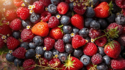 Vibrant mix of fresh strawberries, blueberries, and raspberries with small white flowers