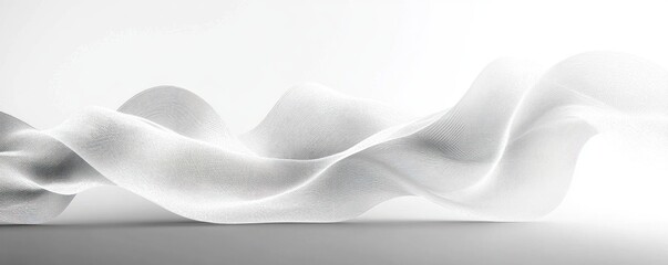 Obraz premium flowing translucent white fabric ribbons forming soft undulating waves over a minimal high-key background with textured mesh surface, serene and airy mood