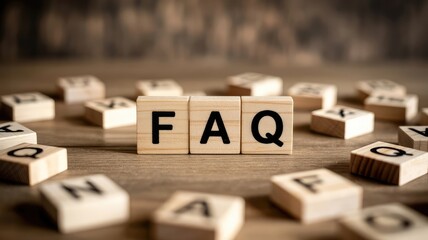 Wooden alphabet blocks spell out faq surrounded by scattered letter tiles on a warm wooden surface