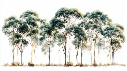 Obraz premium Row of tall slender trees with rounded green canopies and sparse underbrush on a bright white background, creating a serene and airy natural scene