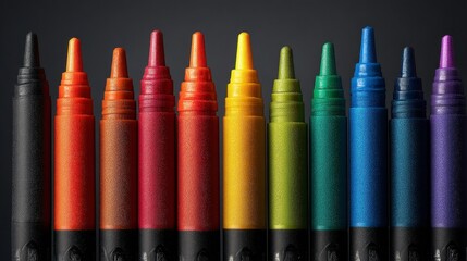 Close-up of a row of colorful marker pens arranged in a gradient against a dark background, showcasing vibrant hues and textures