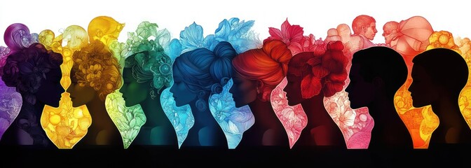 Row of colorful profile silhouettes with intricate floral hair designs in a rainbow gradient, evoking serenity, unity and elegant beauty