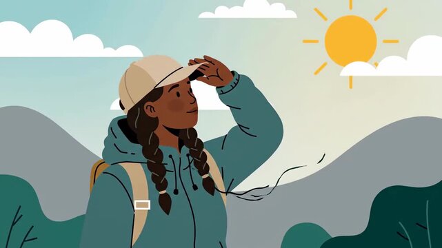 Woman Hiker Enjoying Scenic Views While Hiking in Mountain Wilderness under the Sun