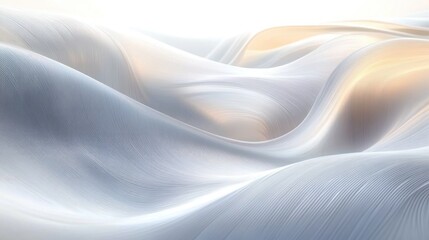 Serene flowing white textured waves with fine linear ridges and warm golden highlights, a soft undulating abstract landscape evoking calm