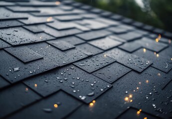 Close-up of wet dark roof shingles dotted with raindrops and soft warm glowing lights, moody and tranquil atmosphere