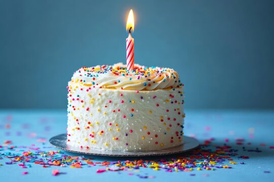 small round white frosted cake covered in colorful sprinkles with a single lit pink striped candle and scattered confetti on a blue surface, festive joyful mood