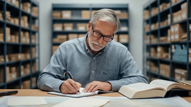 Senior Male Archivist Analyzing Historical Documents in Library Study Room