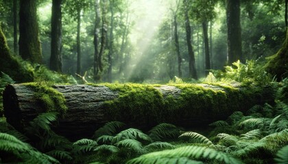 Obraz premium moss-covered fallen log surrounded by lush ferns on a misty forest floor with sunbeams filtering through tall trees, serene and peaceful atmosphere