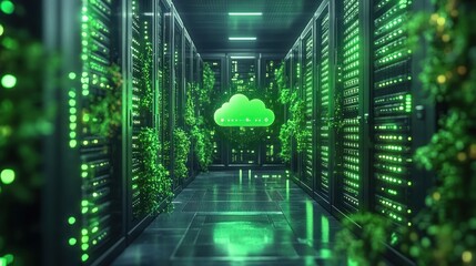 Serene futuristic server room aisle with glowing green cloud icon, illuminated server racks and climbing plants suggesting eco-friendly digital infrastructure