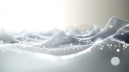 Ethereal white digital wireframe landscape of flowing mesh waves dotted with glowing particles conveying calm futuristic serenity