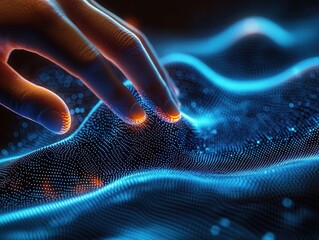 human hand with glowing fingertips touching a flowing blue digital particle mesh, evoking curiosity and wonder